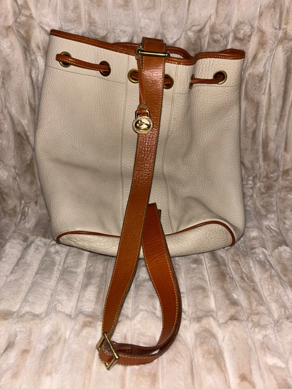 Vintage Dooney & Bourke AWL Drawstring Backpack Bone British Tan Leather USA